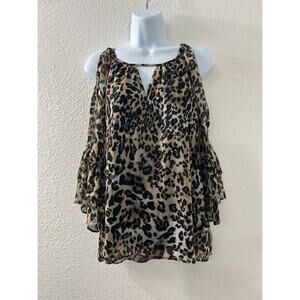 iZ Byer 3/4 Open Ruffle Sleeve Sheer Leopard Blouse Key Hole Neck Size S MobWife